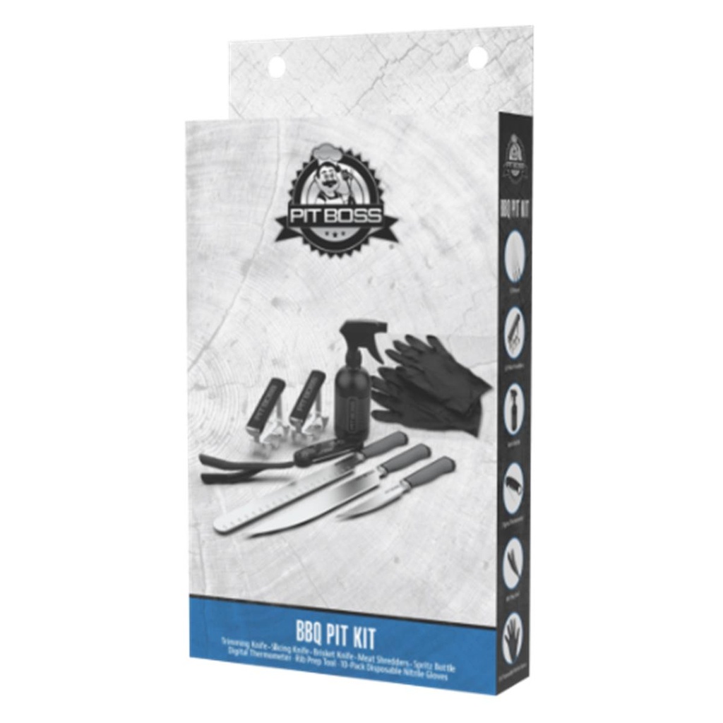 PIT BOSS - NEW! PB BBQ Pit Master Kit (inclus: Griffe à viande x2, Pince à membrane de RIB, Thermomètre à viande sans fils , 10 gants en nitrile, bouteille à spray,  couteau à Brisket, et son étui, couteau à découper x2 et étuis 