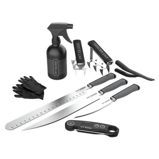 [41129] PIT BOSS - NEW! PB BBQ Pit Master Kit (inclus: Griffe à viande x2, Pince à membrane de RIB, Thermomètre à viande sans fils , 10 gants en nitrile, bouteille à spray,  couteau à Brisket, et son étui, couteau à découper x2 et étuis 
