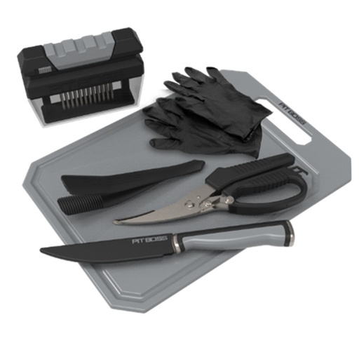 [41198] PIT BOSS - NEW! PB Kit de préparation alimentaire  (comprend : un attendrisseur, une pince à membrane, un paquet de 10 gants en nitrile jetables, une planche à découper 25,4 cm x 35,6 cm, un couteau à découper 12,7 cm, des cisailles à os)